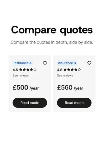 ‘Compare quotes’ screen with two insurance quotes side by side: Insurance A at £500 a year and Insurance B at £560 a year, with star ratings